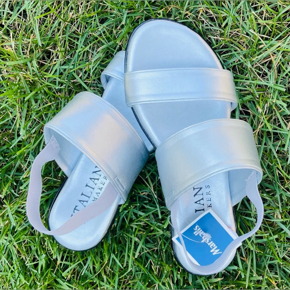 NWT Women Sz-6.5 ITALIAN SHOEMAKERS- Silver Flats Open Toe & Elastic Heal Straps